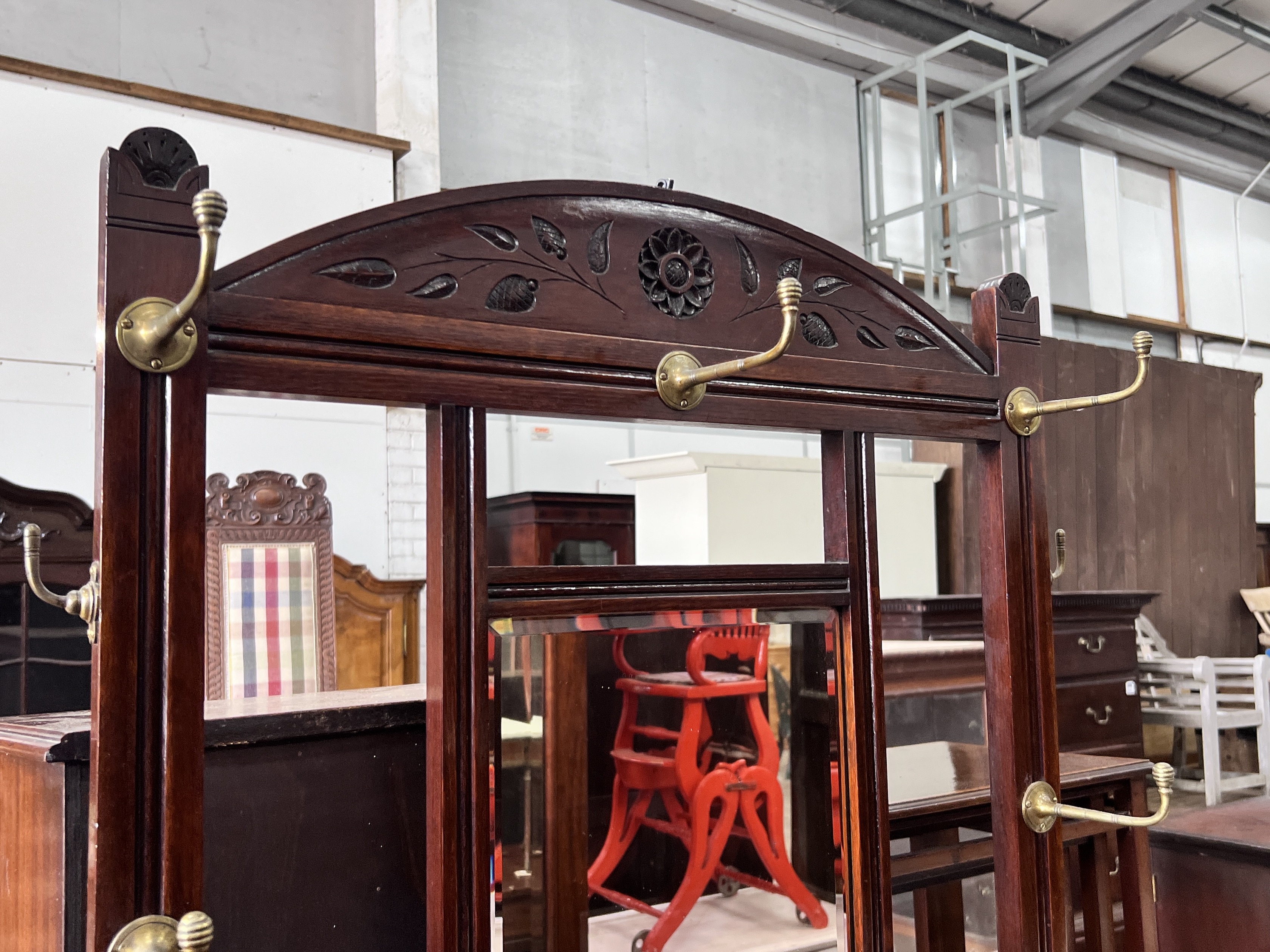 A late Victorian brass mounted mahogany hallstand, width 98cm, depth 39cm, height 194cm